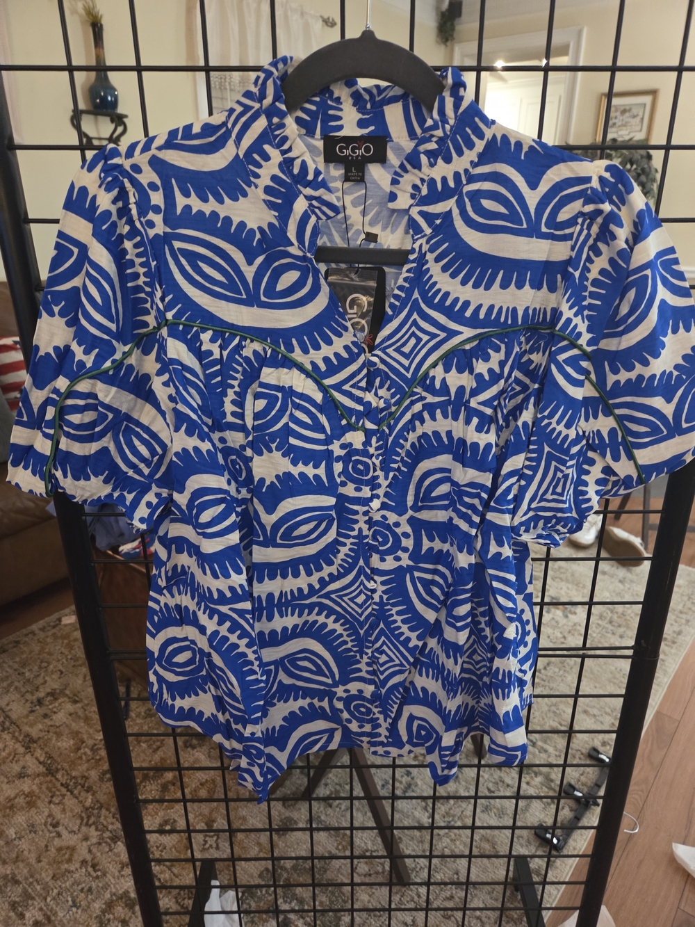 G.GIO Blue & White Printed Short Sleeve Blouse